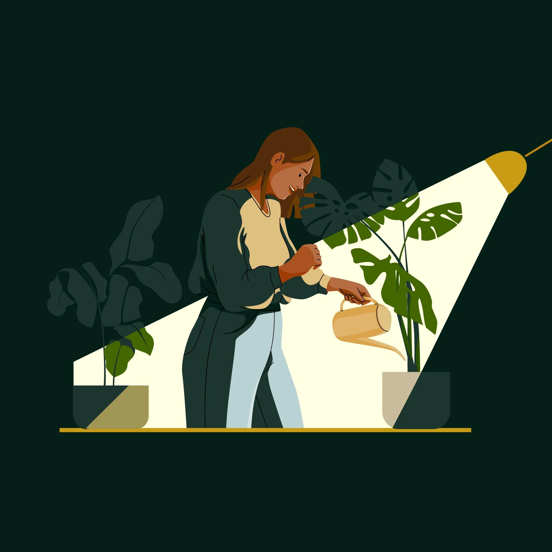 Illustration of a woman watering houseplants under a bright light.