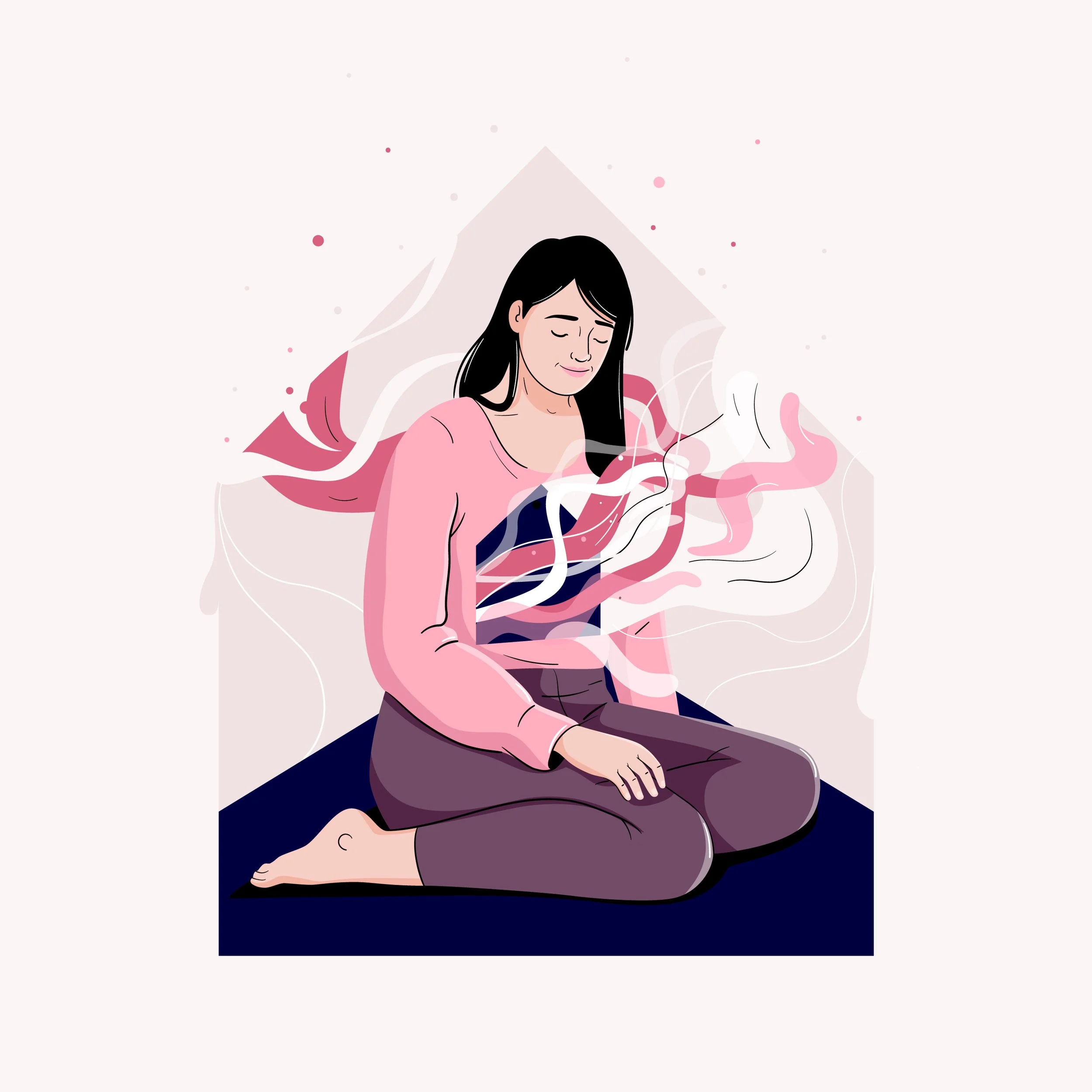 Illustration of a woman sitting cross-legged, meditating with closed eyes, surrounded by flowing, colorful lines that resemble breath or energy, on a dark blue mat with a background of soft pink and purple tones.