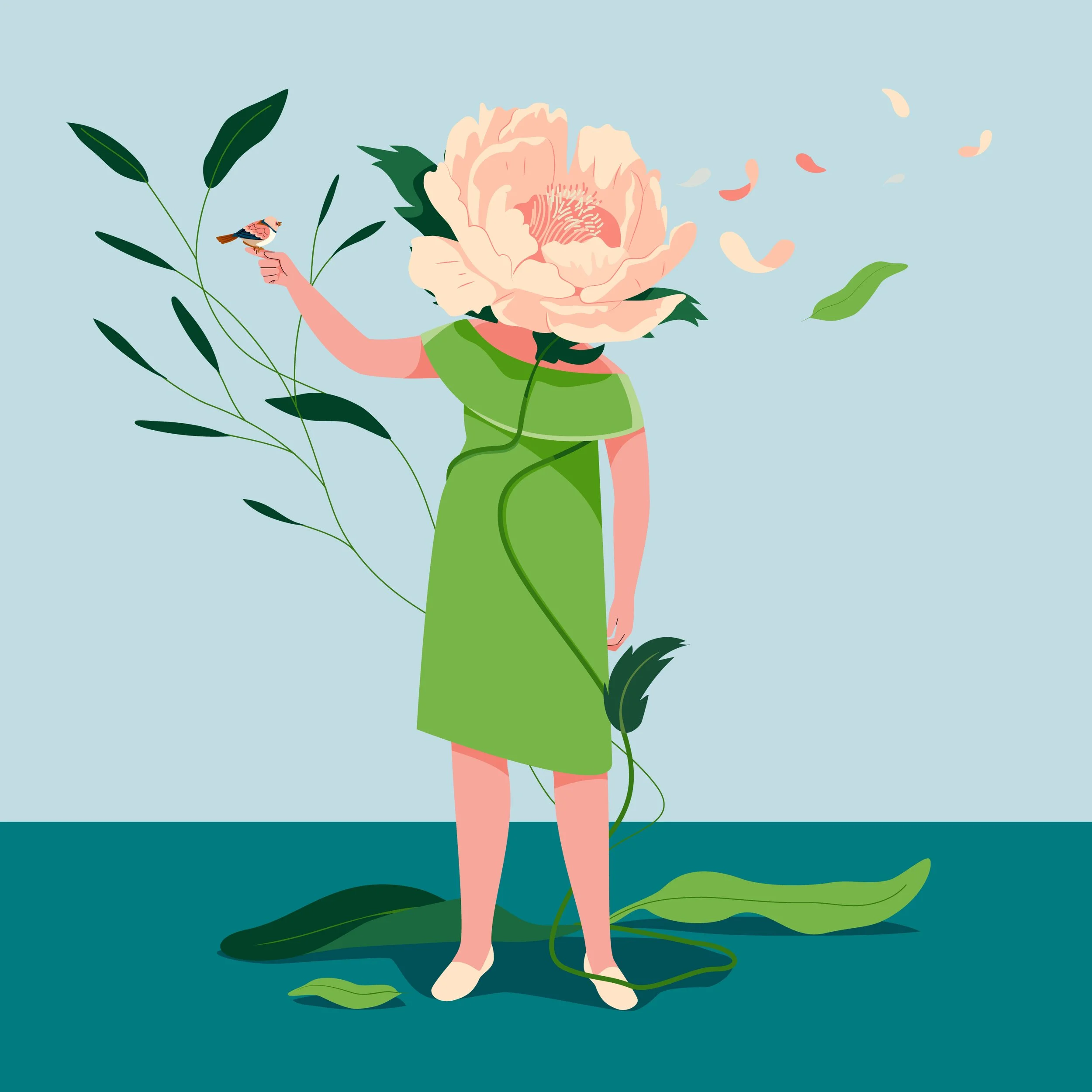Illustration of a person with a large flower covering their head, wearing a green dress, holding a bird, with leaves and petals around, and a plain teal and blue background.