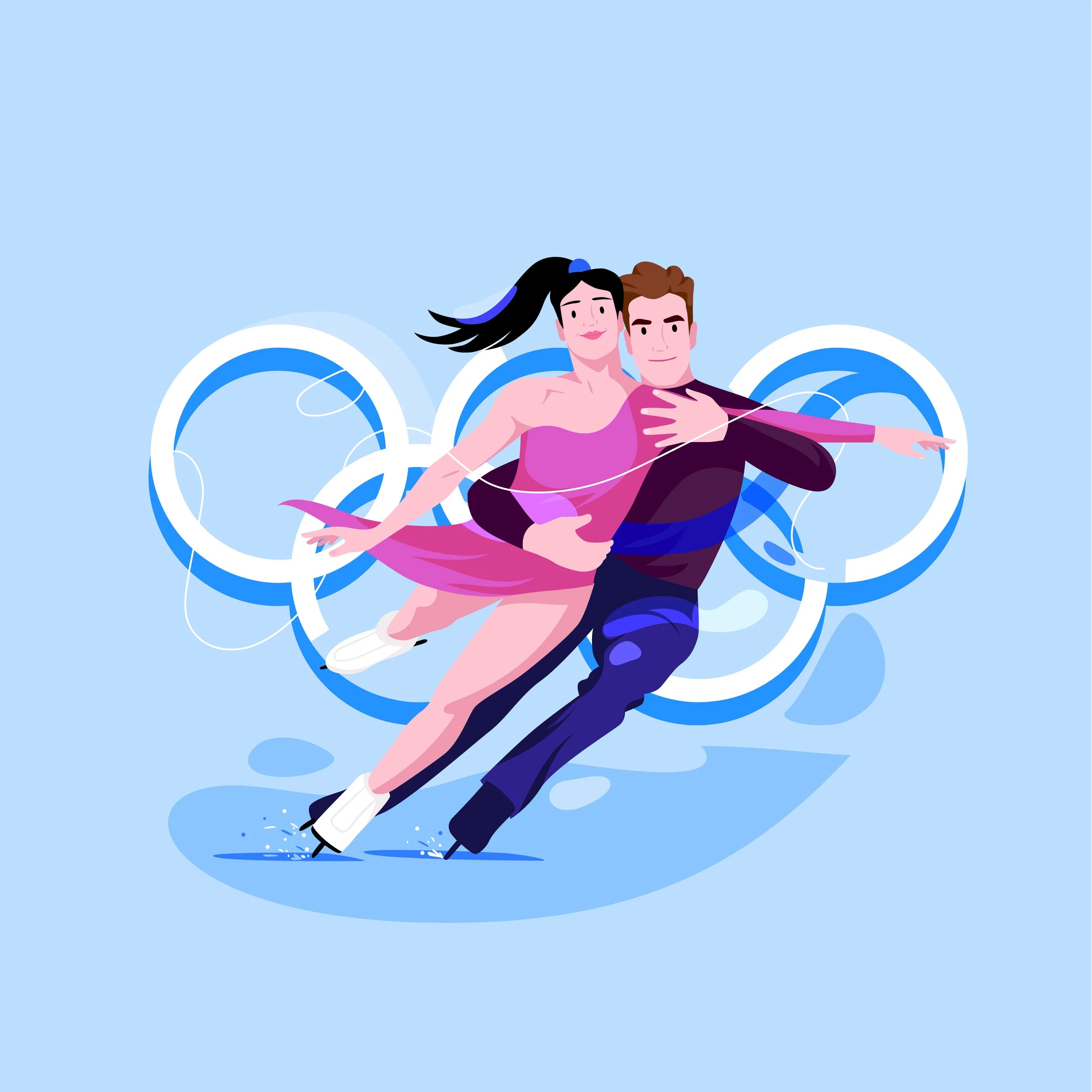 Illustration of a male and female figure skaters performing a dance move on ice, with abstract blue and white rings in the background.