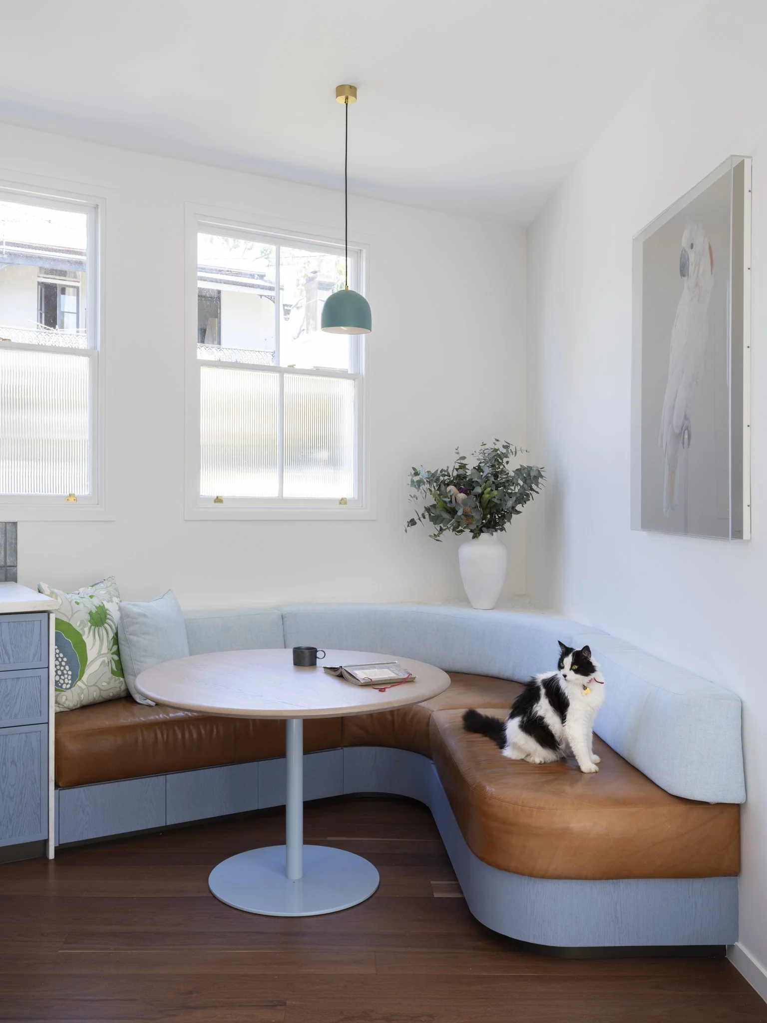 A cozy living room corner with white walls, large windows, a green hanging lamp, a potted plant, a white and brown curved sofa with pillows, a round coffee table with an open book and a black mug, and a black and white cat sitting on the sofa.