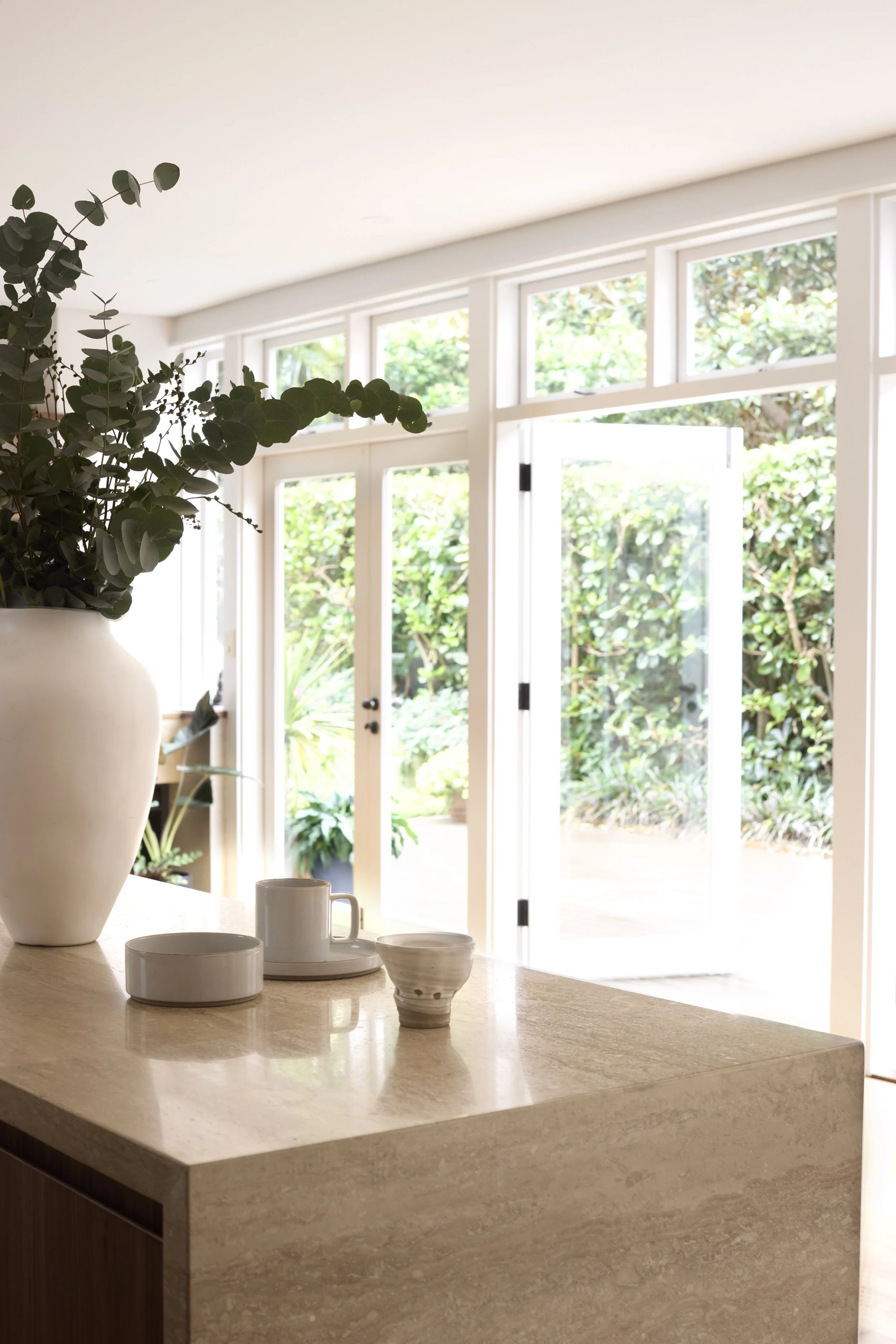 A kitchen countertop with white dishes, cups, and a bowl, and a large potted plant, with a background of glass doors and windows opening to a lush green garden.