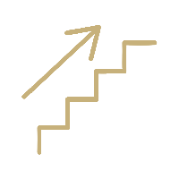 A gold-colored, upward-pointing arrow leading to a staircase icon.