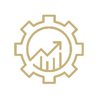 Gear icon with an upward trending graph and bar chart inside