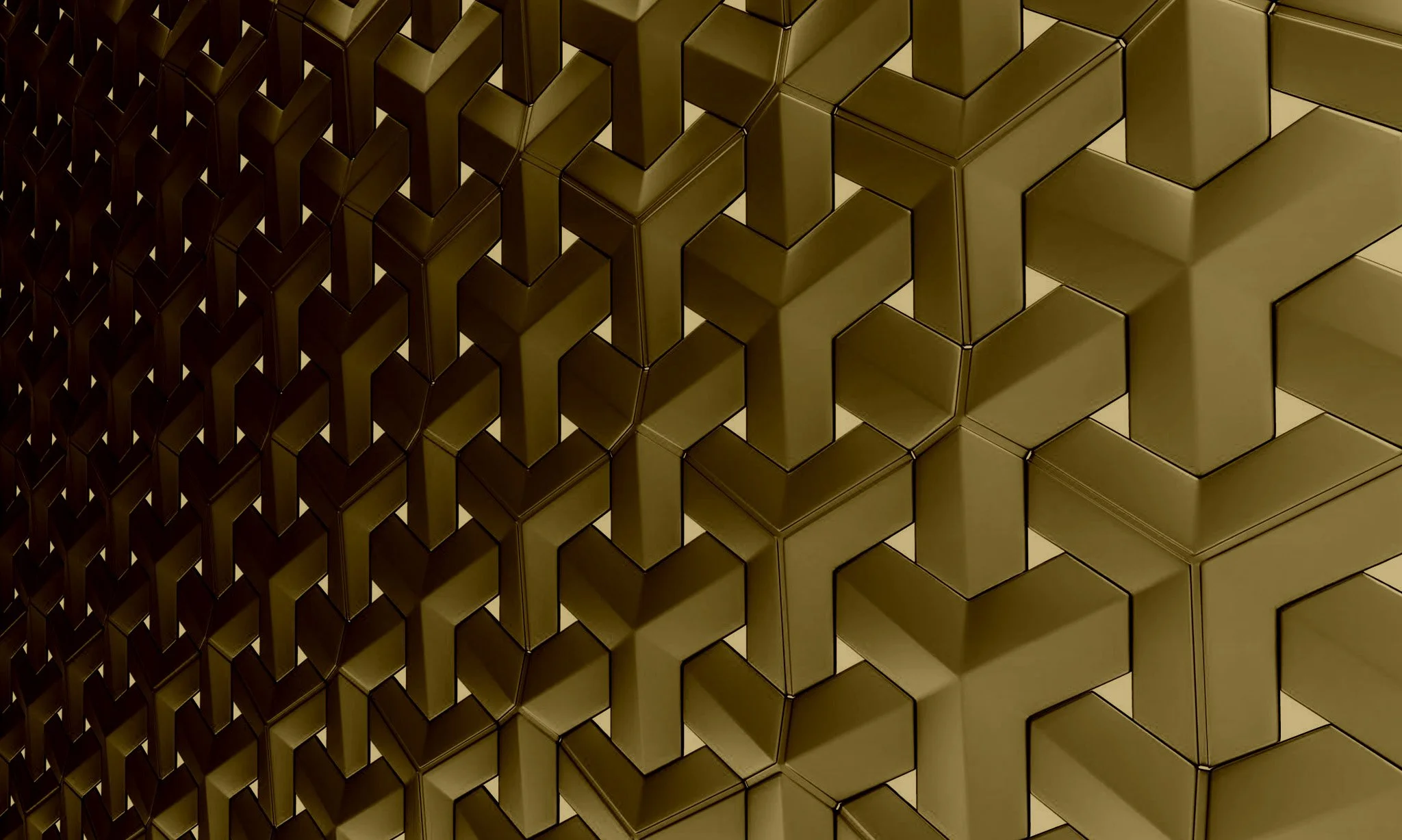A geometric pattern of gold-colored interconnected blocks arranged in an optical illusion design.