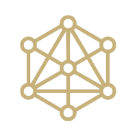A geometric icon design of interconnected lines and circles forming a complex network pattern.