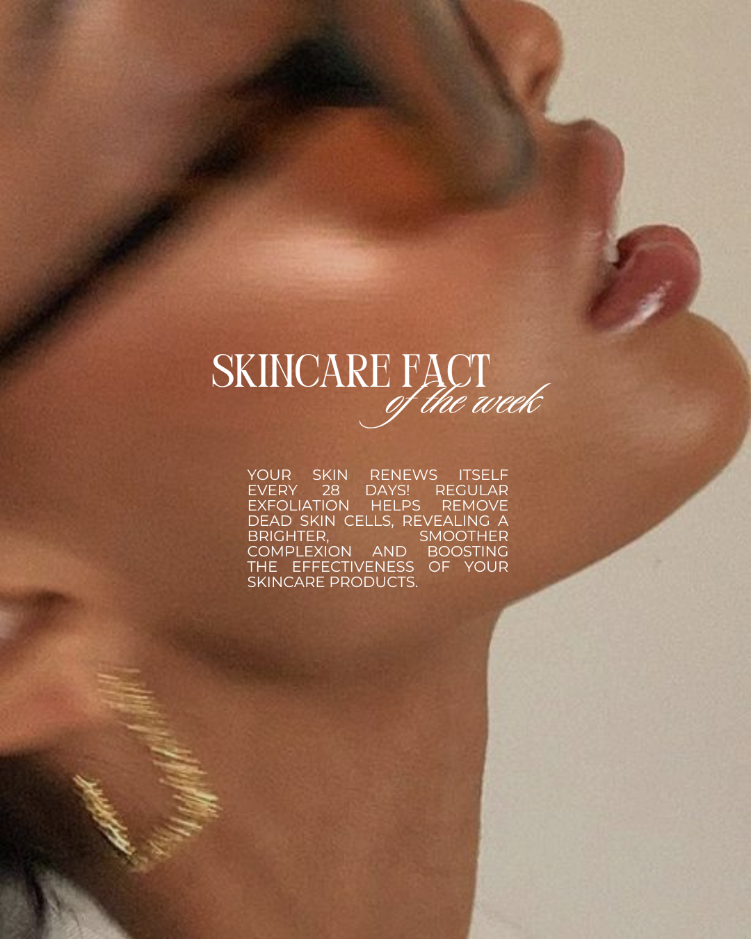Close-up of a woman's face with skincare text overlay.