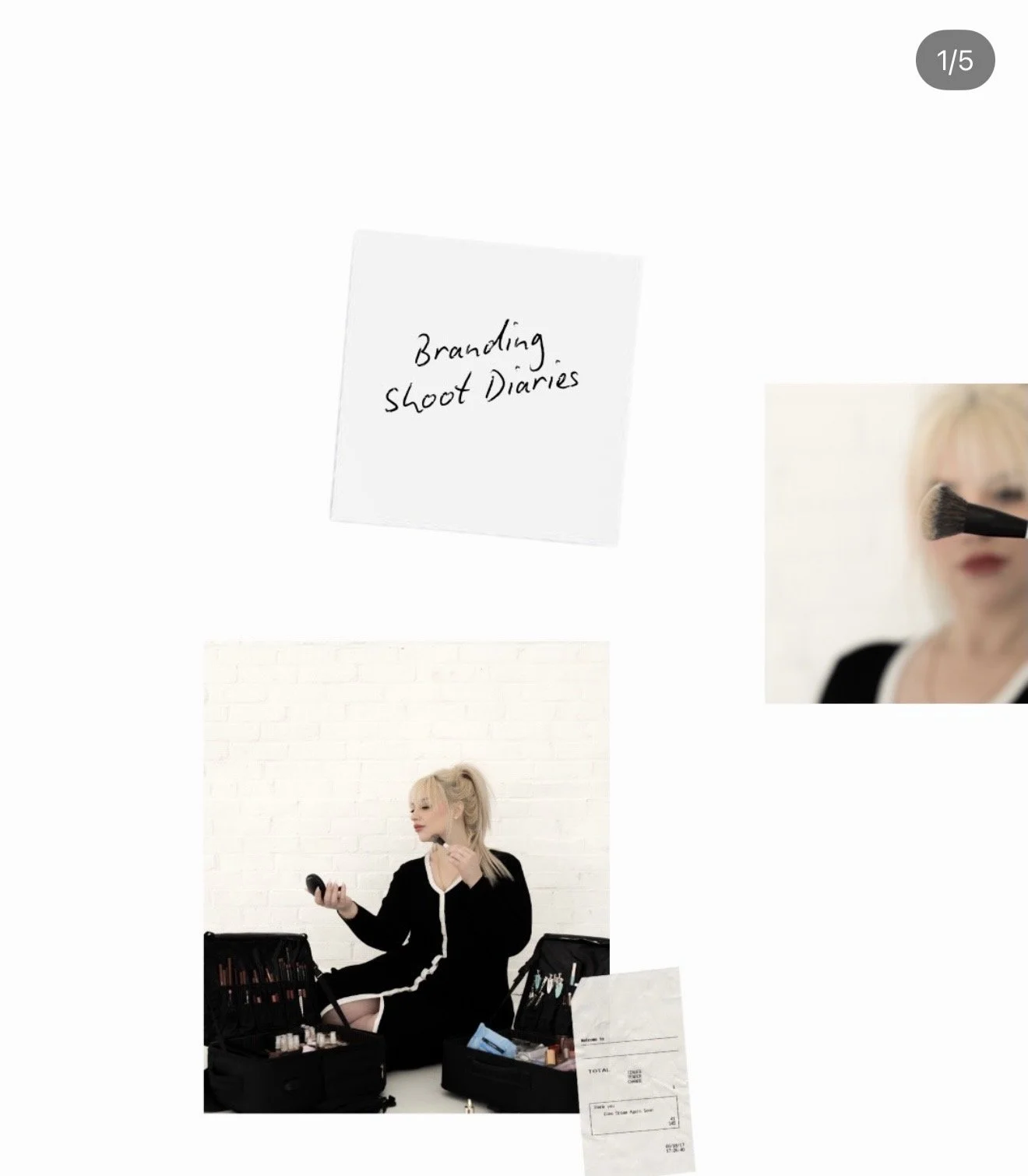 A woman with blonde hair sitting on the floor in front of a white brick wall, surrounded by makeup cases and tools, holding a makeup brush in one hand and a compact mirror in the other, with a receipt nearby. A note pad reading 'Branding Shoot Diarie