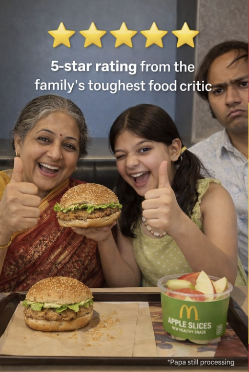 A family of three, including an older woman and a young girl, sitting at a table with McDonald's food. The woman is holding a burger and giving a thumbs up, while the girl is smiling and giving a thumbs up. A man is in the background with a serious expression. The table has a burger, apple slices in a cup, and a paper wrapping. Text above the family shows five yellow stars and says '5-star rating from the family's toughest food critic'.