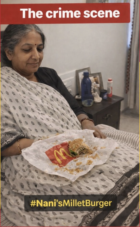 Woman sitting on a bed holding a half-eaten McDonald's burger on a napkin with a red and yellow McDonald's logo, in a room with a nightstand that has a blue water bottle, some bottles, and other items. The text at the top says 'The crime scene' and the hashtag at the bottom is '#Nani'sMilletBurger'.