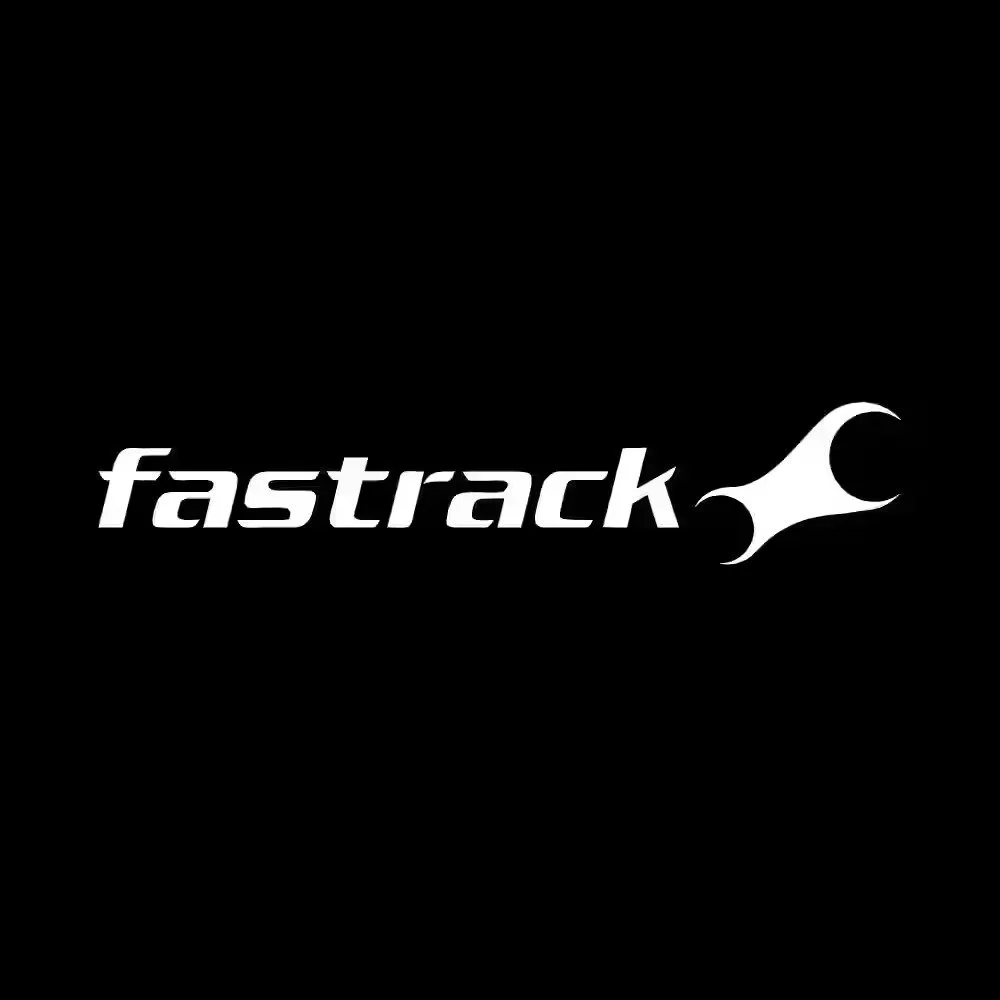 Fastrack logo in white on black background.