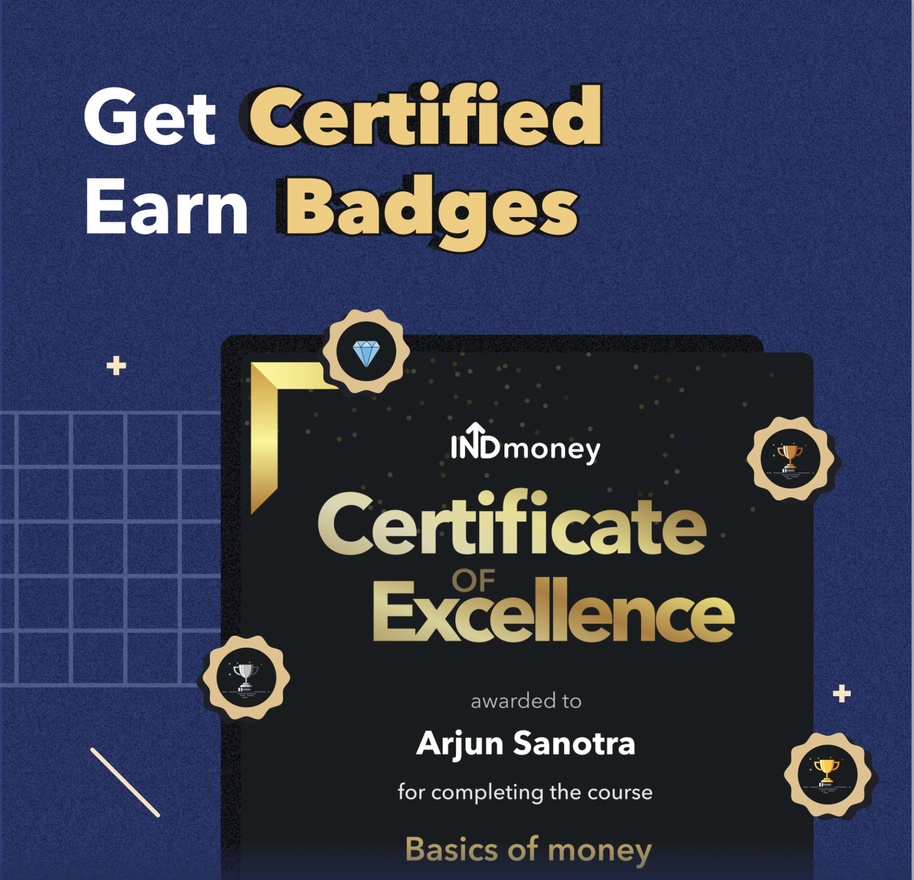 A certificate of excellence awarded to Arjun Santra for completing a course, featuring gold and white text on a black background, with award icons.