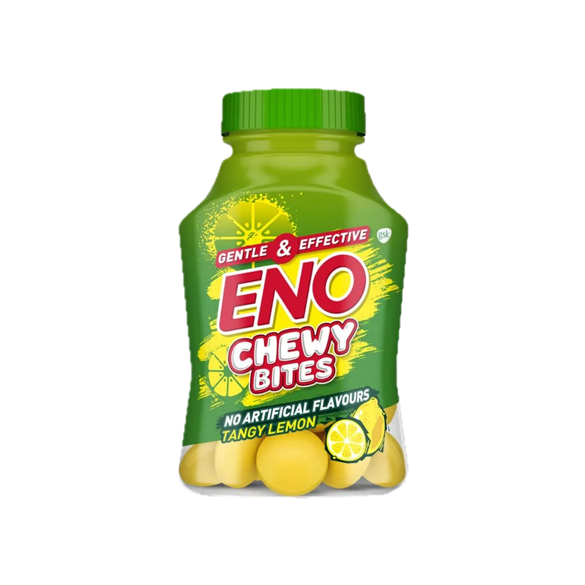 Green bottle of ENO Chewy Bites Tangy Lemon flavor, containing lemon-flavored chewable tablets with no artificial flavors.