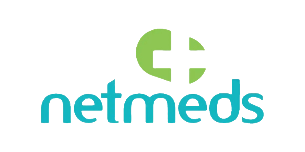 Logo of netmeds featuring a green medical cross icon above the company name in blue lowercase letters.