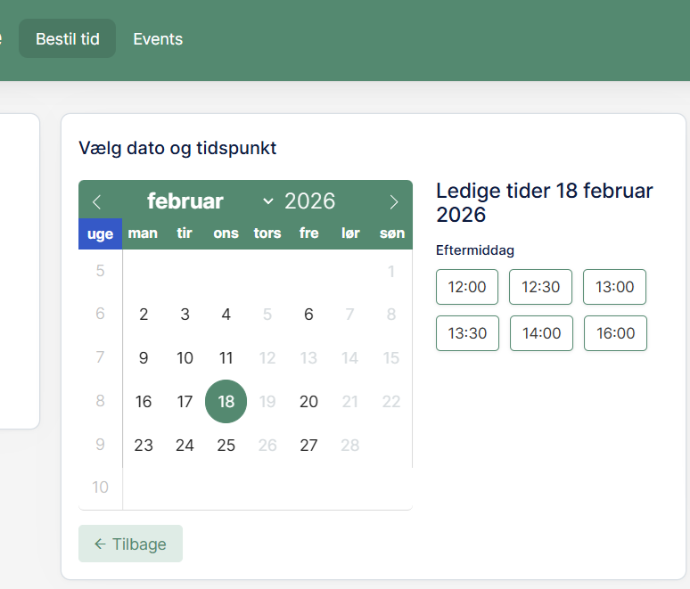 Appointment booking webpage with a February 2026 calendar highlighting the 18th, showing available afternoon time slots from 12:00 to 16:00.