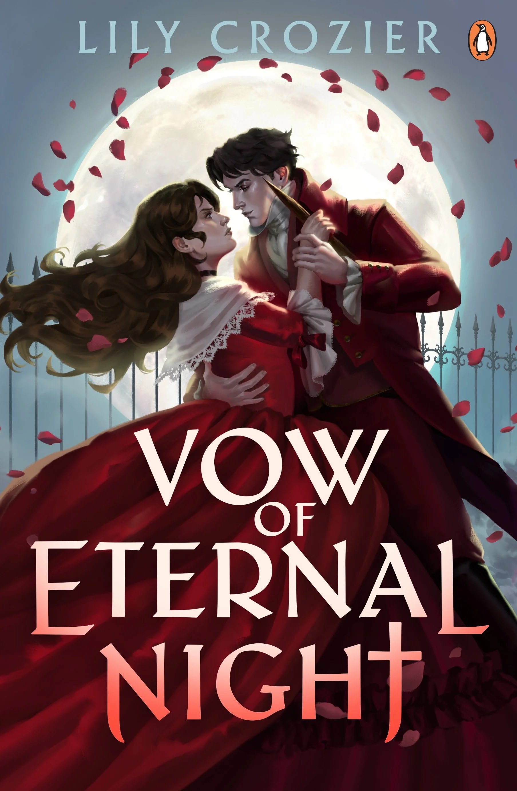 The cover of a book called Vow of Eternal Night by Lily Crozier. The cover shows a woman in a long red ballgown holding a wooden stake, being held by a man in old fashioned clothing.
