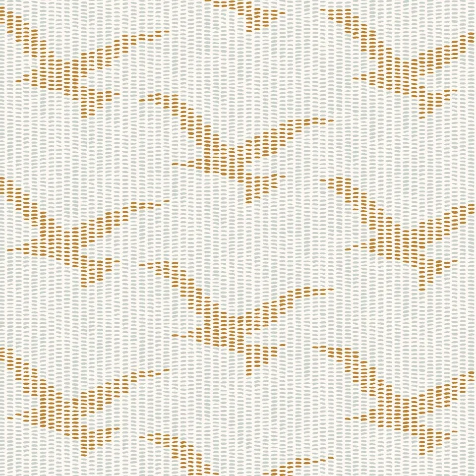 Woven Seagulls: Medium-scale coastal repeat featuring stylized seagulls built from dotted woven marks in golden ochre on a cream and pale blue woven-texture background. Designed as a coastal coordinate for wallpaper, textiles, home decor, and interio