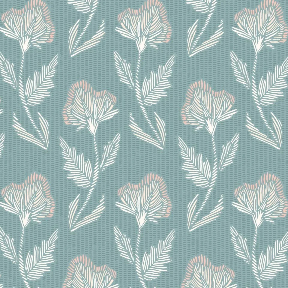 Embroidered Beach Rose: Medium-scale botanical repeat featuring stylized beach rose blooms and leaves with an embroidered linework effect in cream and soft blush on a muted blue-green woven-texture background. Designed for wallpaper, textiles, home d