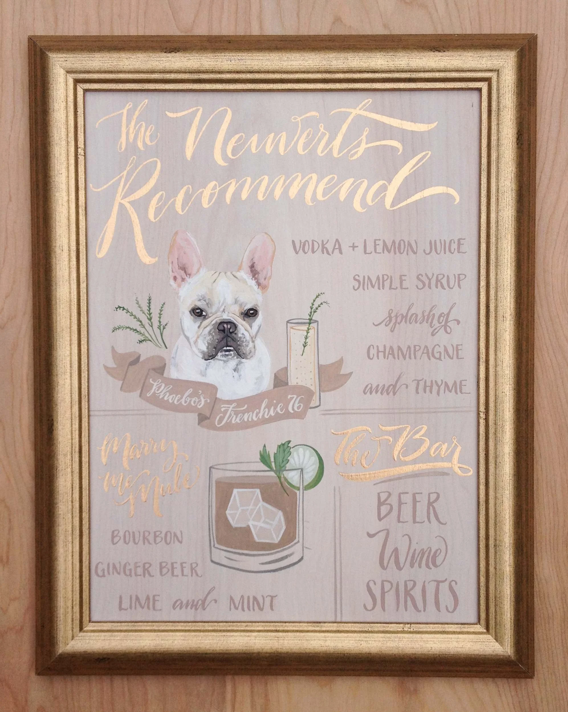 Sku0001Custom Hand-Painted Wedding Bar Sign _ Pet Portrait Cocktail Menu _ Dog Illustration with Hand Lettering on Wood Phoebos Frenchy -01.jpg