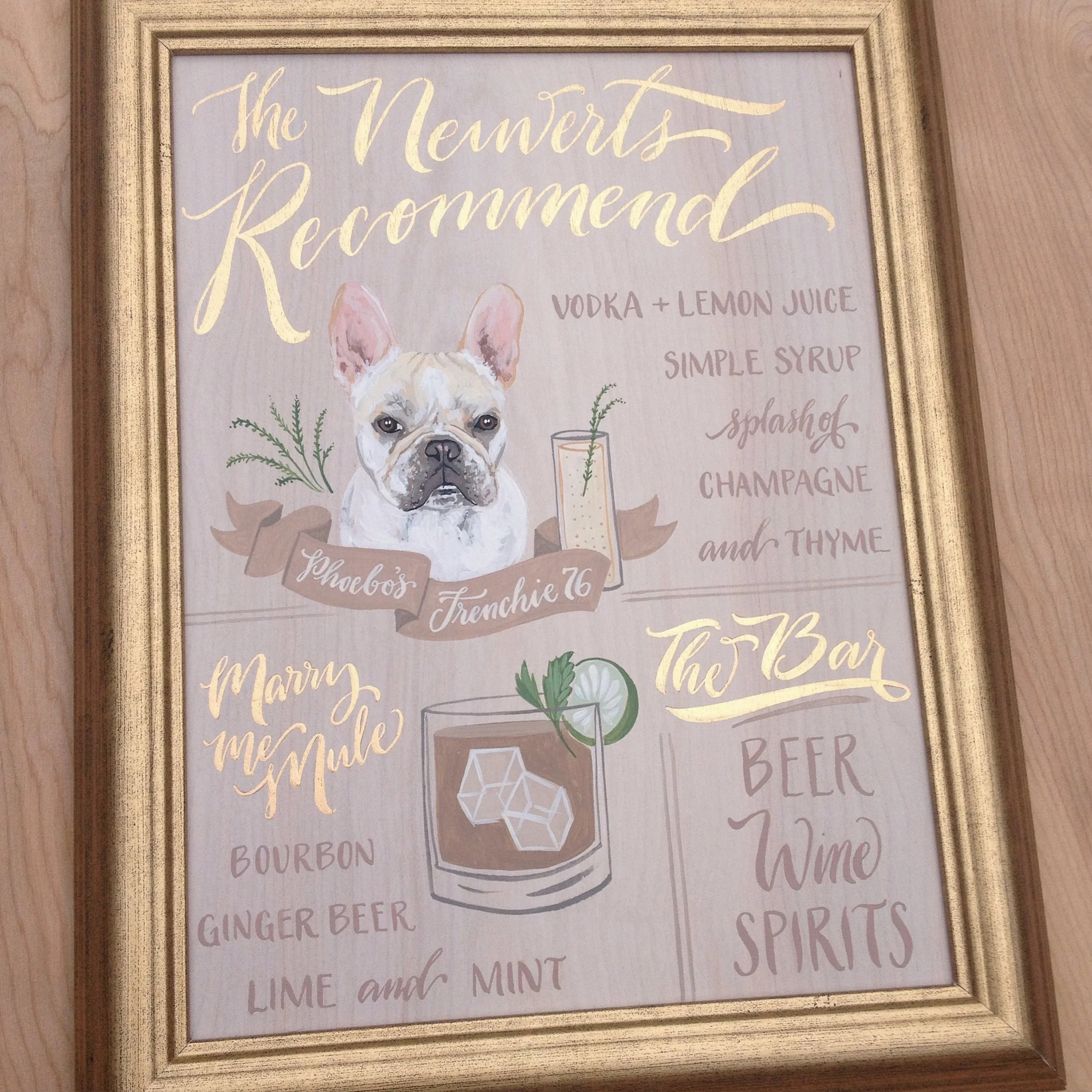 Sku0001Custom Hand-Painted Wedding Bar Sign _ Pet Portrait Cocktail Menu _ Dog Illustration with Hand Lettering on Wood Phoebos Frenchy -02.jpg