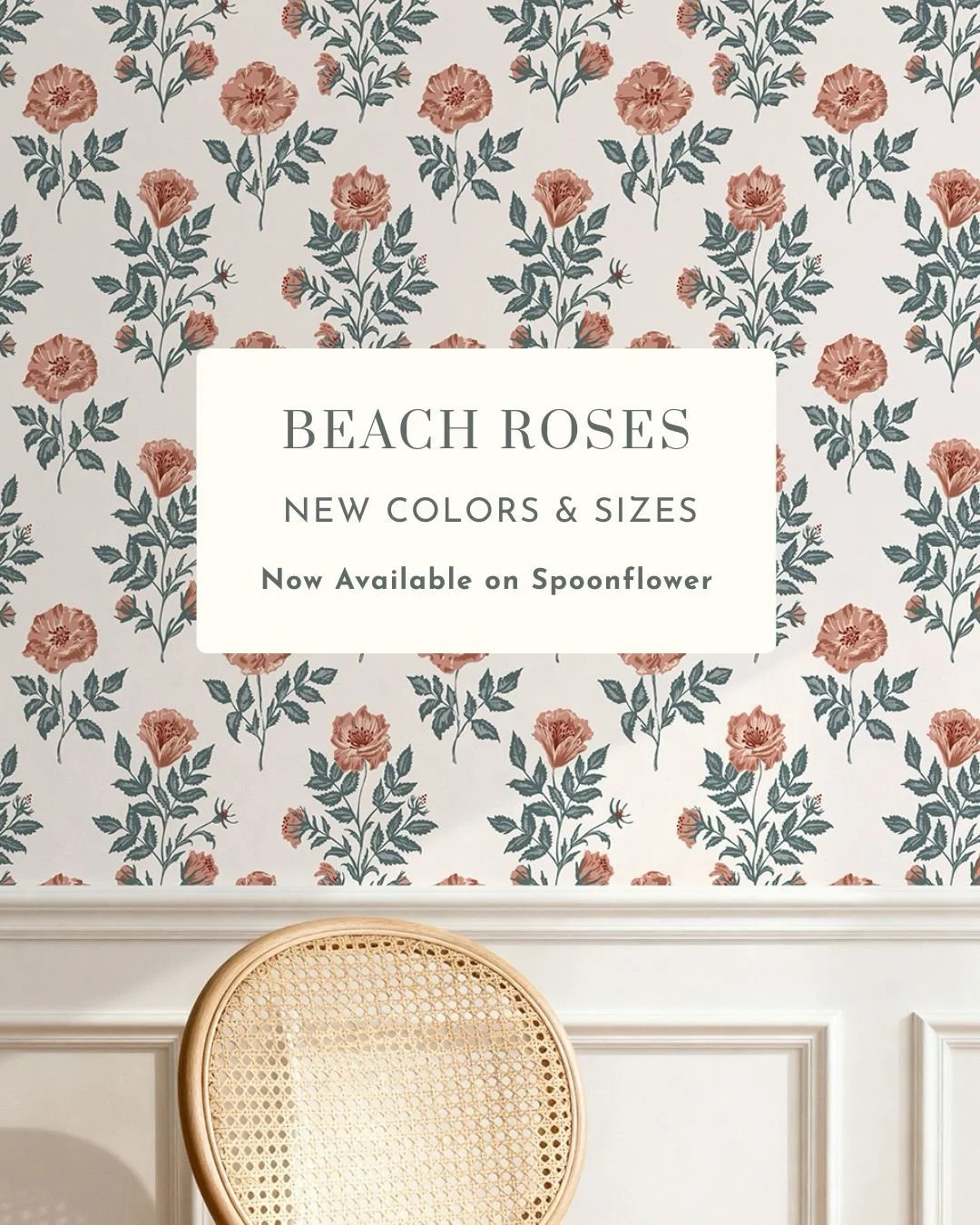 Beach Roses is officially live on Spoonflower! 

This hand-drawn botanical pattern is now available in new colorways and sizes, beginning with the medium scale shown here. I designed it with old-house wallpaper, soft coastal rooms, pillows, bedding, 