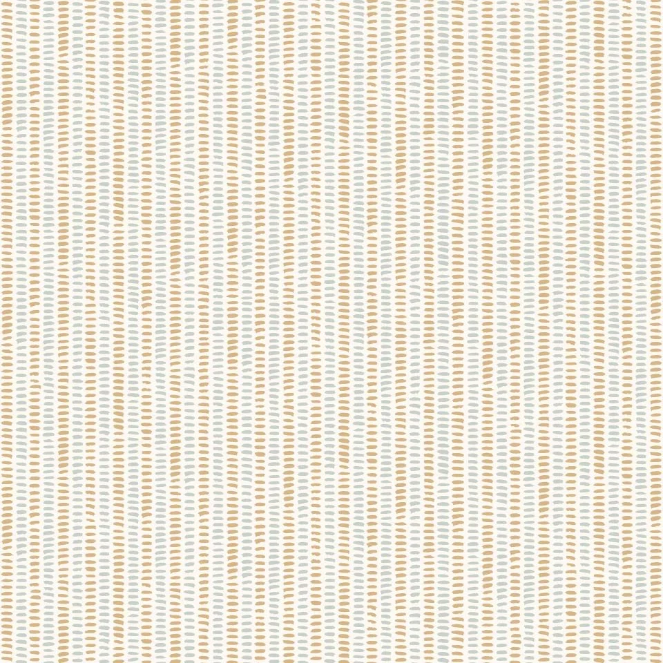 Woven Dot Blender: Small-scale blender pattern made from hand-drawn dotted vertical lines in soft golden ochre and pale blue on a cream background. Designed as a subtle coordinate for coastal pattern collections, wallpaper, textiles, and interior app