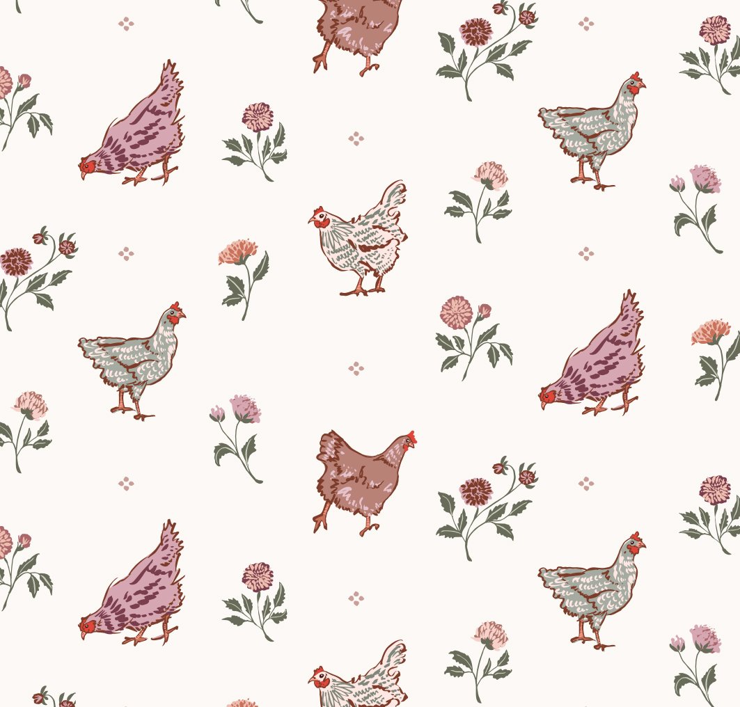 Chickens hand drawn with petite dahlia florals pattern