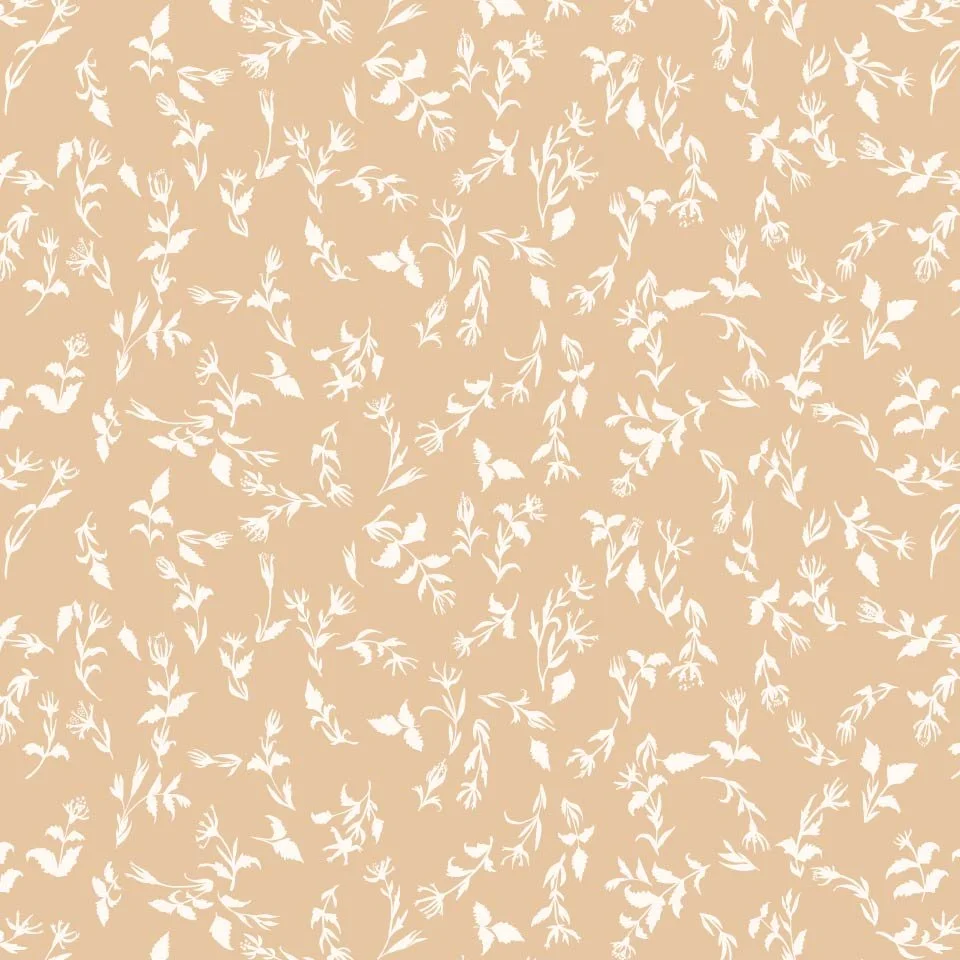 Beach Rose Toss: Small-scale tossed repeat featuring hand-drawn beach rose leaves and blooms in cream on a soft sand background. Designed as a subtle coastal botanical coordinate for wallpaper, textiles, home decor, and interior pattern collections.