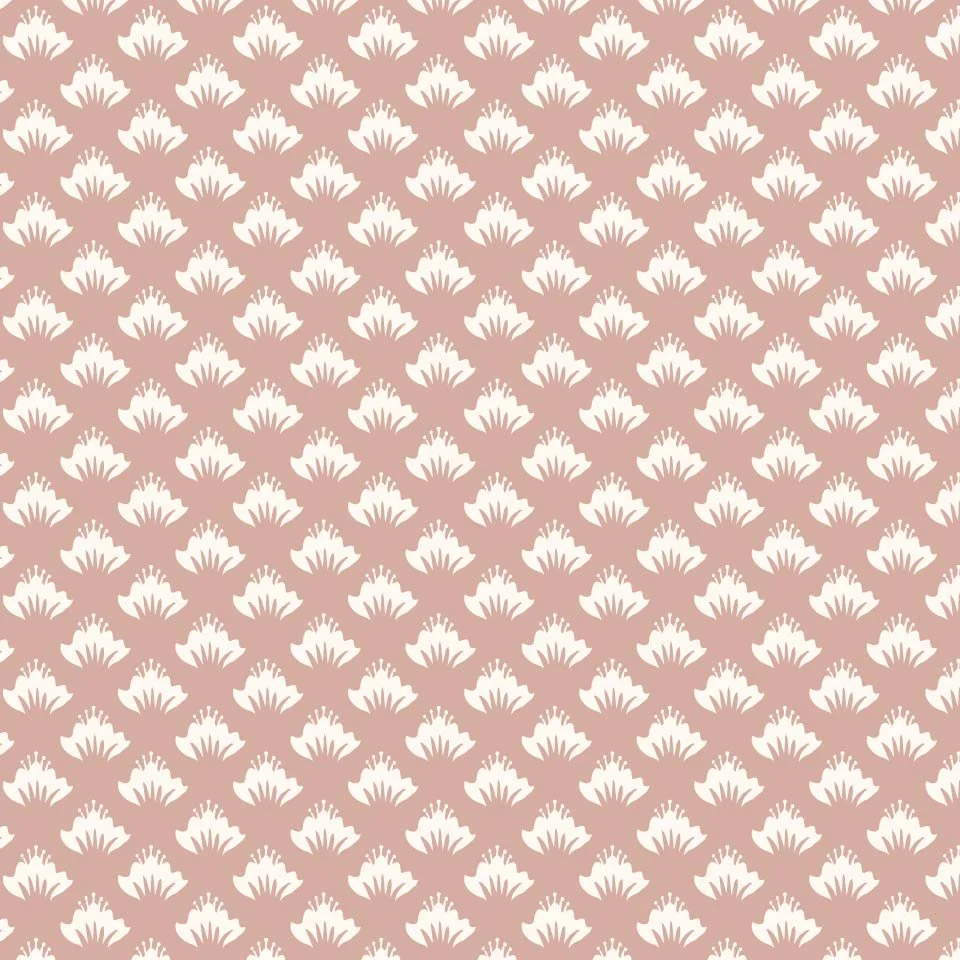 Beach Rose Scallop: Small-scale scallop repeat featuring stylized beach rose motifs in cream on a soft blush background. Designed as a coastal botanical coordinate for wallpaper, textiles, home decor, and interior pattern collections.