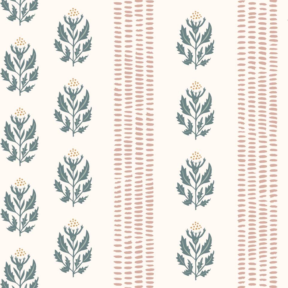 Beach Rose Stem: Alternating botanical stripe pattern featuring hand-drawn beach rose stems arranged in single and double rows, with soft blush dotted woven stripes on a cream background. Designed as a coastal coordinate for wallpaper, textiles, home