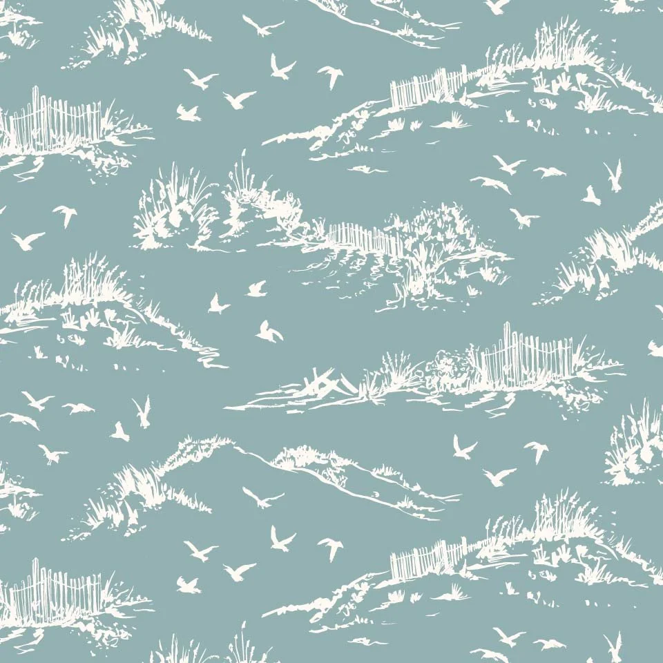 Beach Dunes Scenic Sketch: Medium-scale coastal scenic repeat featuring hand-drawn sand dunes, beach grasses, fencing, and flying seagulls in cream on a muted blue-green background. Designed for wallpaper, textiles, home decor, and interior pattern c