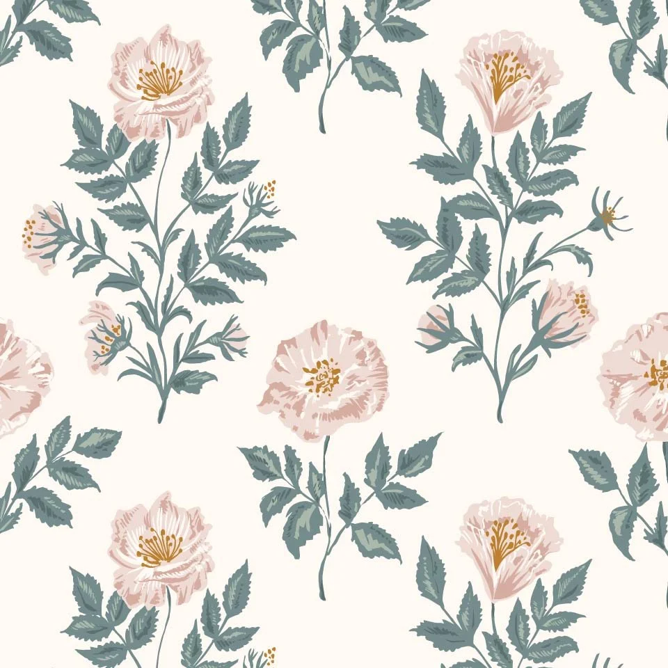 Beach Rose: Large-scale half-drop repeat pattern featuring hand-drawn beach rose blooms in blush pink and soft sage green on a cream background. Designed for wallpaper, statement textiles, and coastal interior applications.