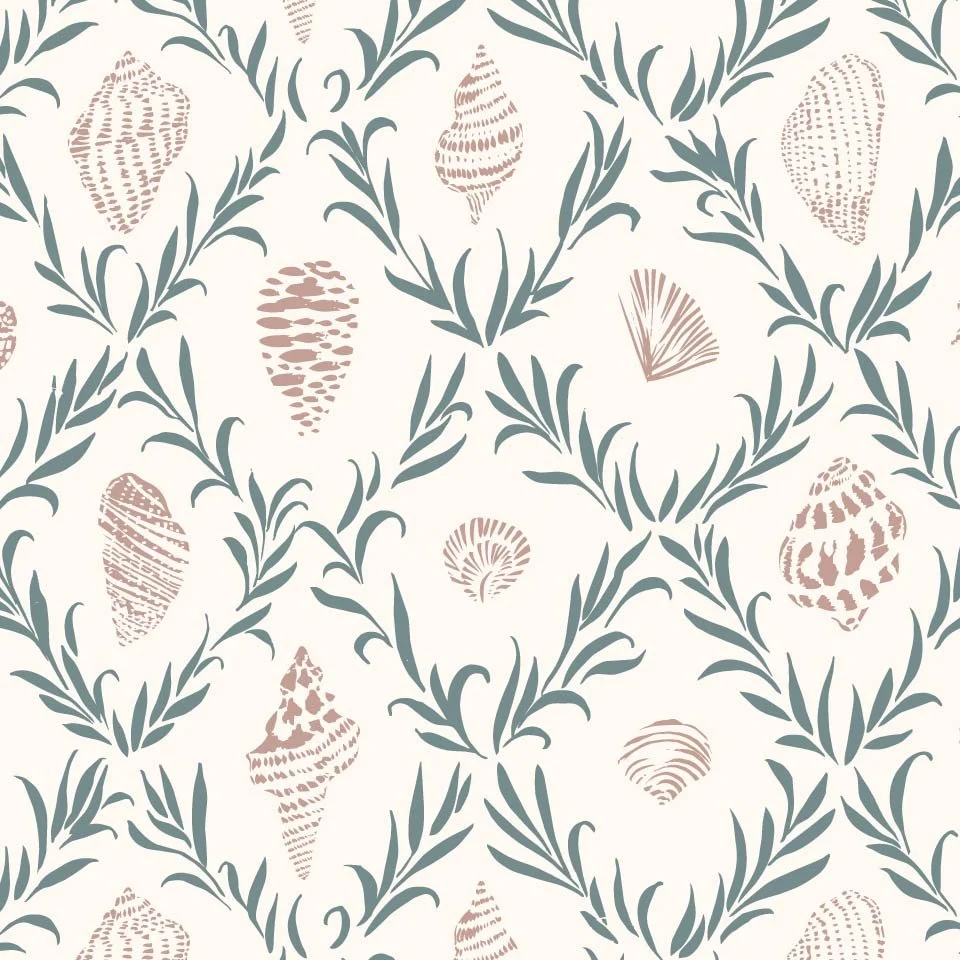 Botanical Shell Trellis: Medium-scale coastal botanical trellis featuring hand-drawn seashells framed by flowing vine and leaf motifs in muted blue-green and soft blush on a cream background. Designed for wallpaper, textiles, home decor, and interior