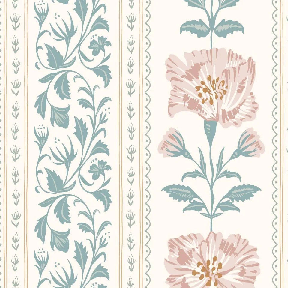 Beach Rose Stripe: Decorative botanical stripe featuring hand-drawn beach rose blooms, scrolling vine details, petite floral borders, and scalloped linework in soft blush, muted blue-green, and pale gold on a cream background. Designed for wallpaper,