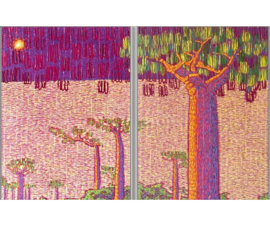 Colorful, abstract painting of a forest with tall trees and a setting sun in the background.