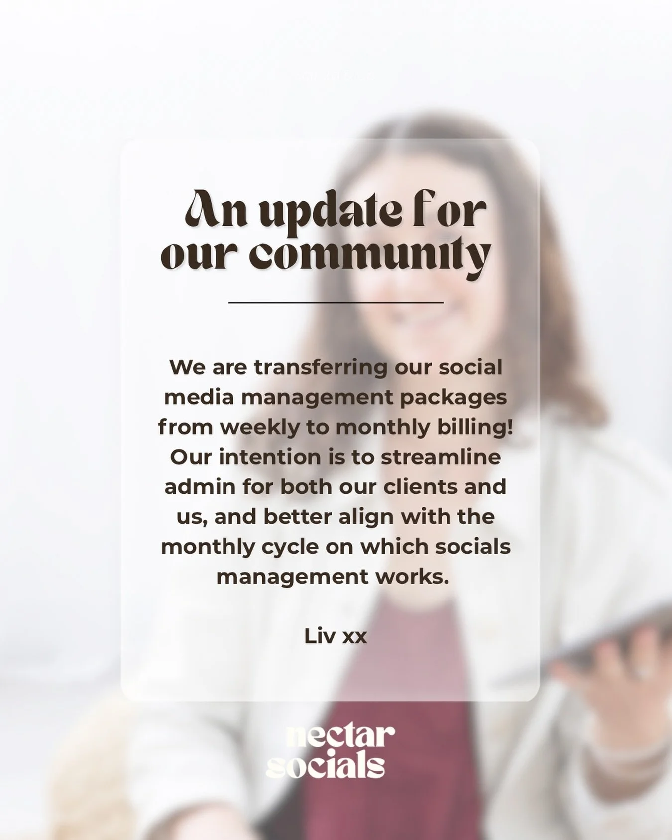 An update on our billing ⭐️

We are transferring our socials management packages from weekly to monthly billing! This is to best align with the monthly nature of socials management and simplify admin for our clients &amp; us 🫶🏼

Curious about what&