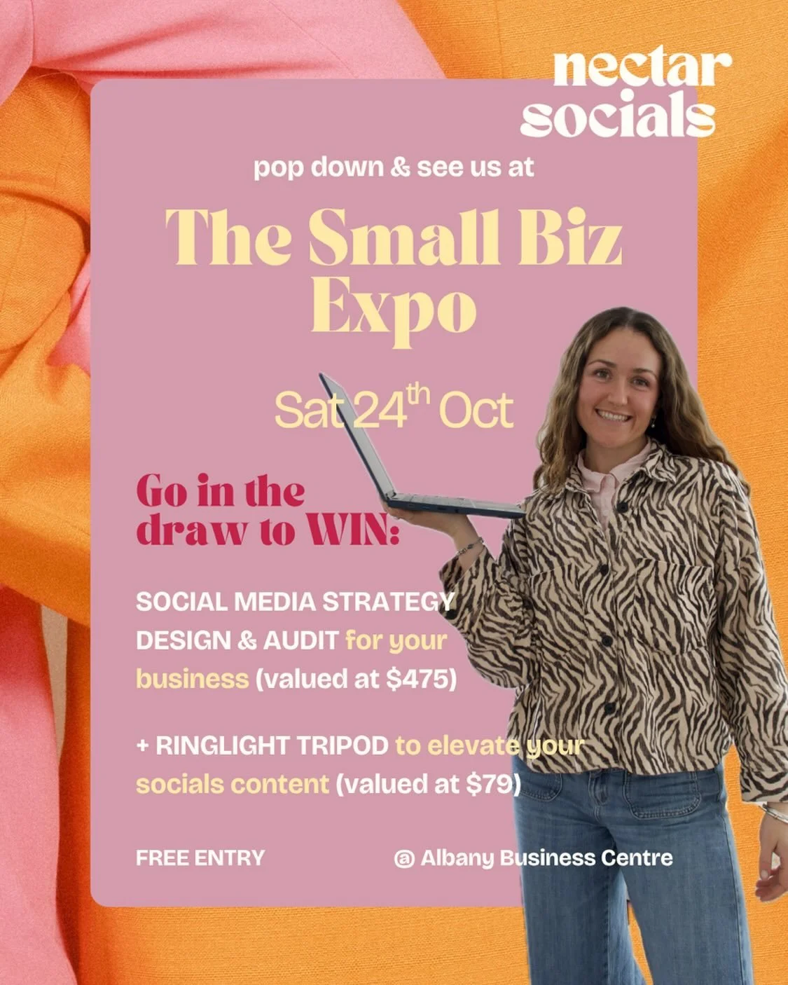 Come down and see us at @albanybusinesscentre next Saturday the 24th of Oct for the Small Biz Expo 🌺🤳✨

We&rsquo;ve got some fun things planned and can&rsquo;t wait to see new and familiar faces!

Go in the draw to WIN:

🌟 SOCIAL MEDIA STRATEGY DE
