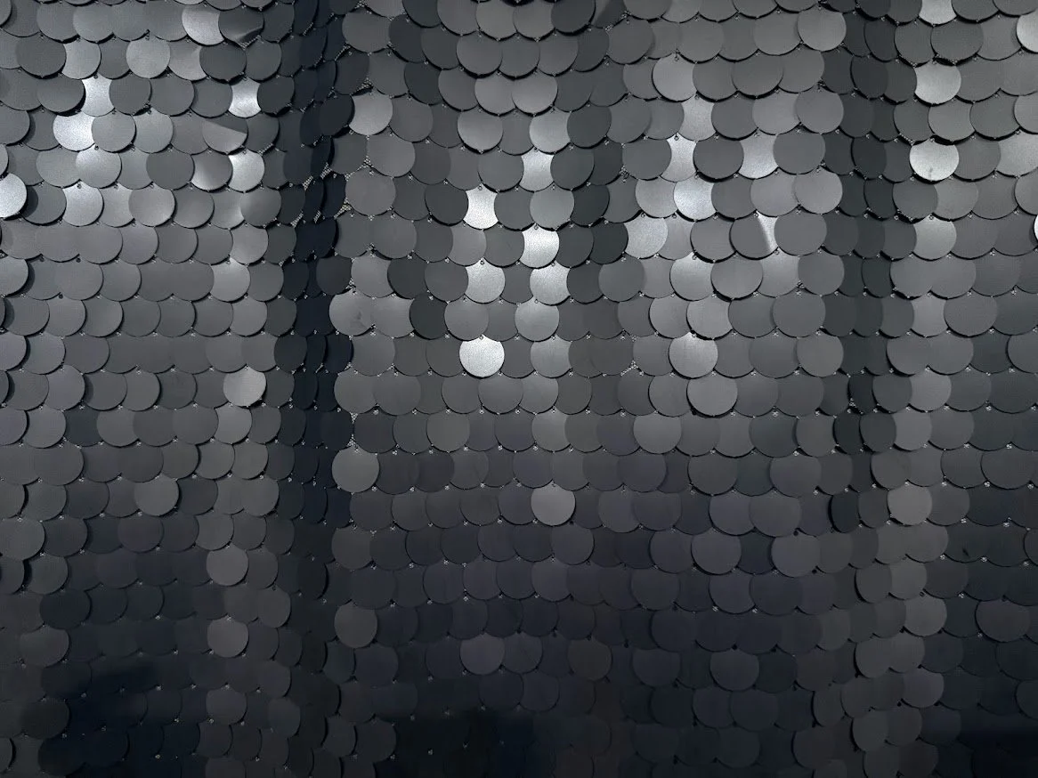Close-up of a surface covered with small, shiny, black circular sequins