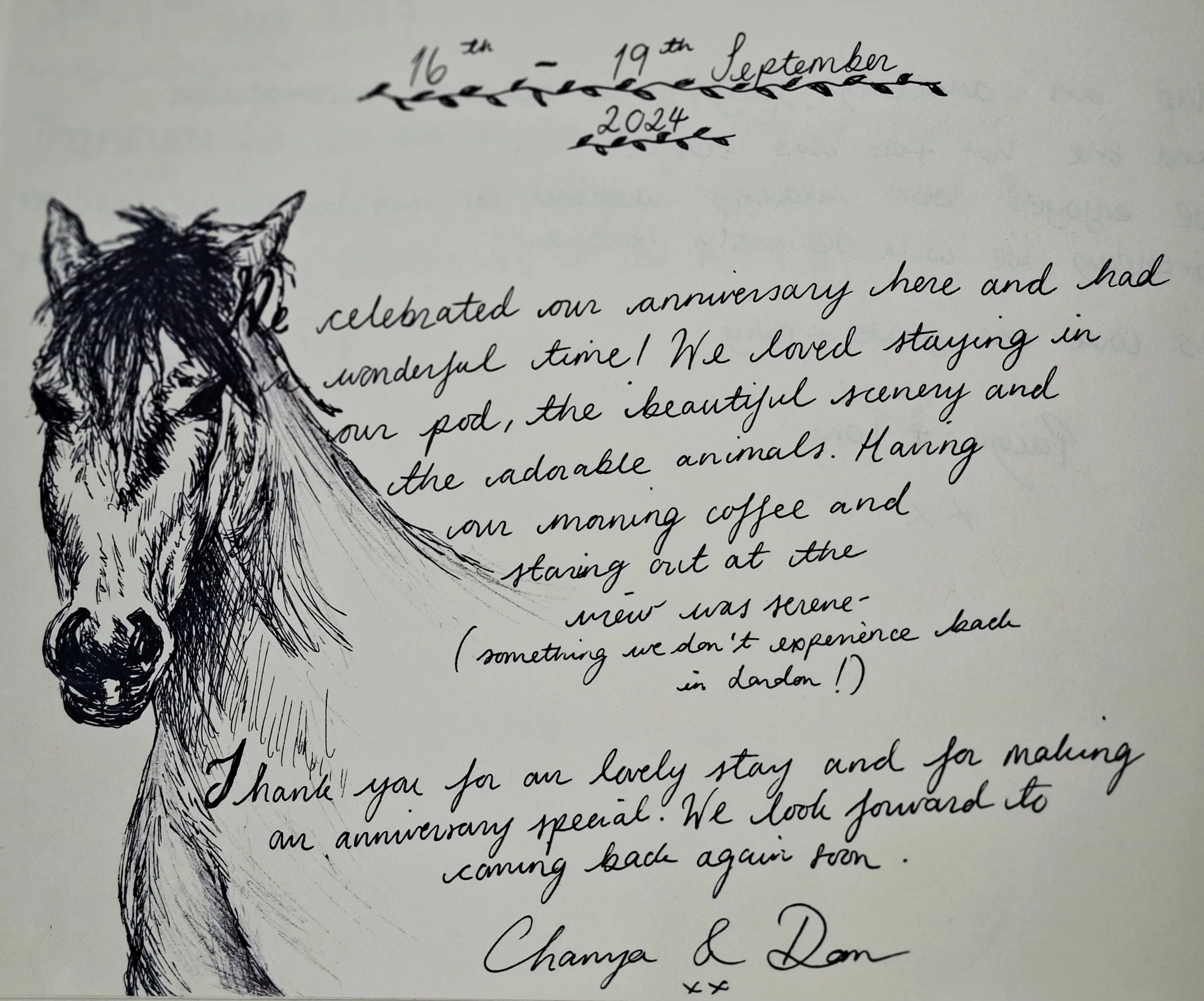 A handwritten note celebrating a wedding anniversary with a sketch of a horse on the left side.