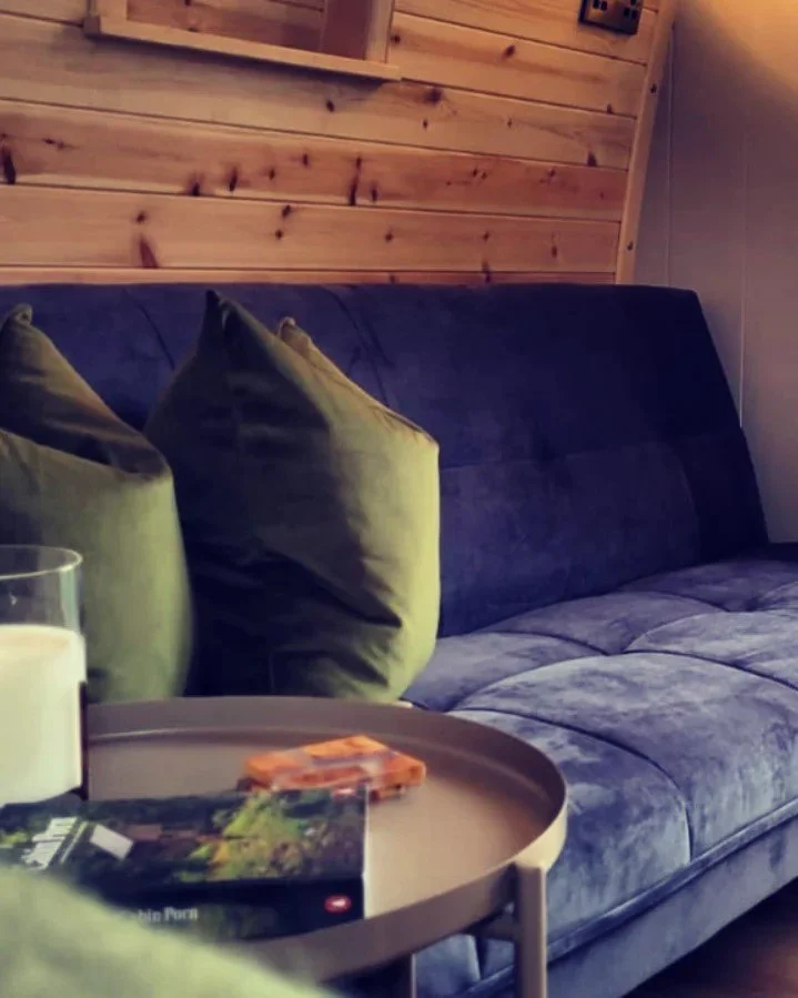 A living room with a blue velvet couch, two green cushions, a wooden wall, a side table holding a candle and a deck of cards, and a box on top of a book.