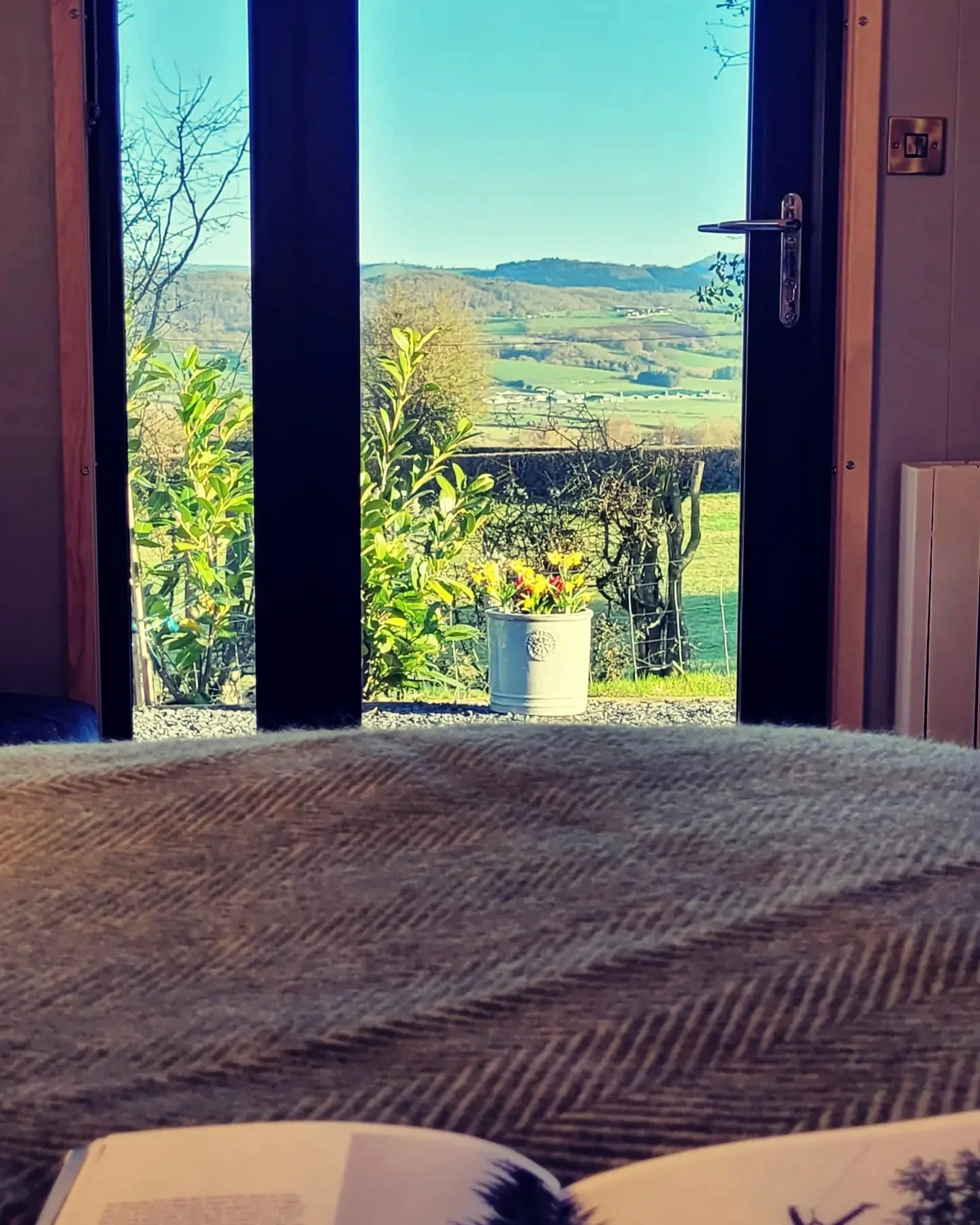 A view from inside a house looking out through a glass door at a scenic landscape with green fields, trees, and distant hills, with a potted plant on the doorstep and a book partially visible in the foreground.