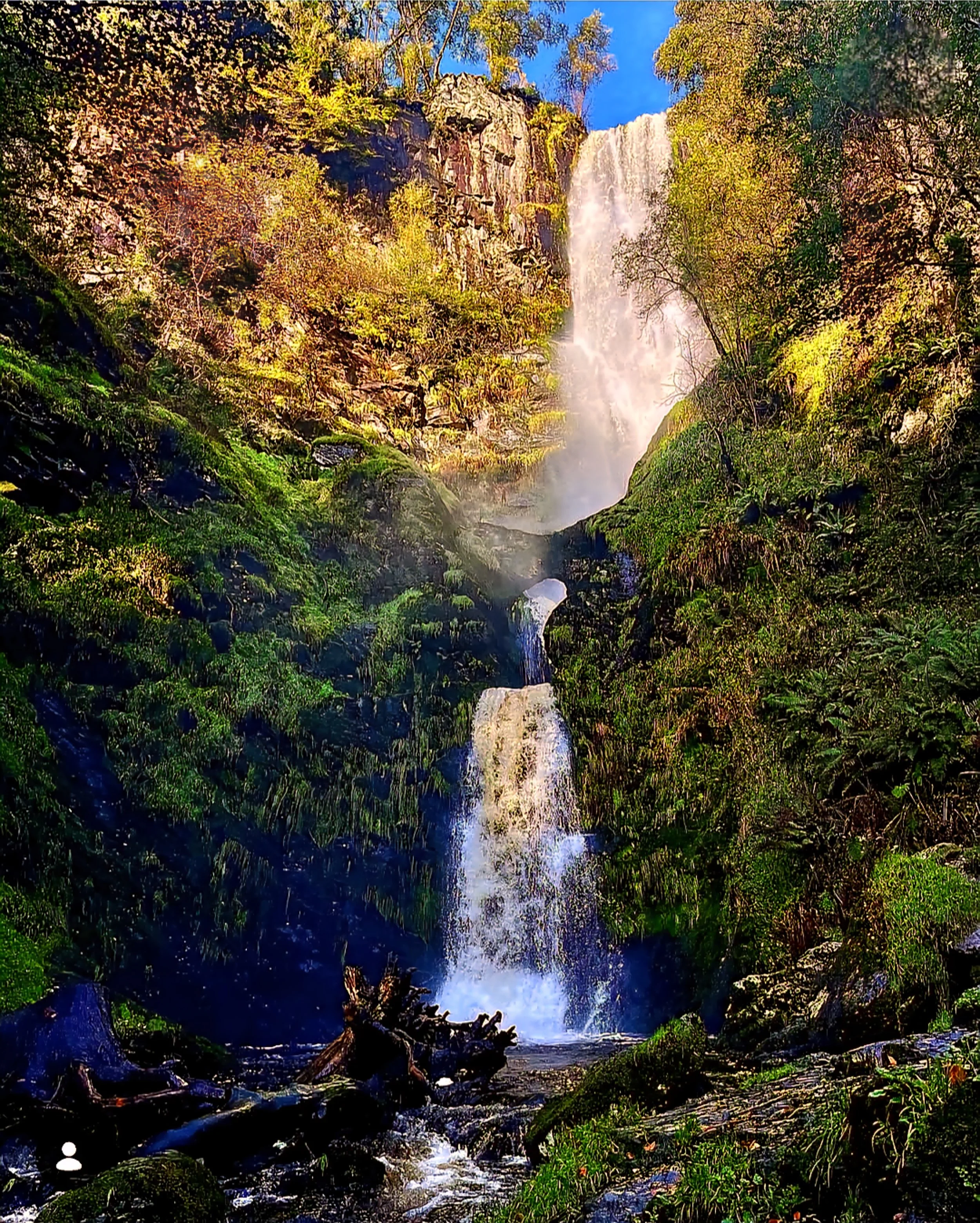 A scenic view of a multi-tiered waterfall cascading down a rocky cliff surrounded by lush green trees and vegetation on a bright, sunny day.