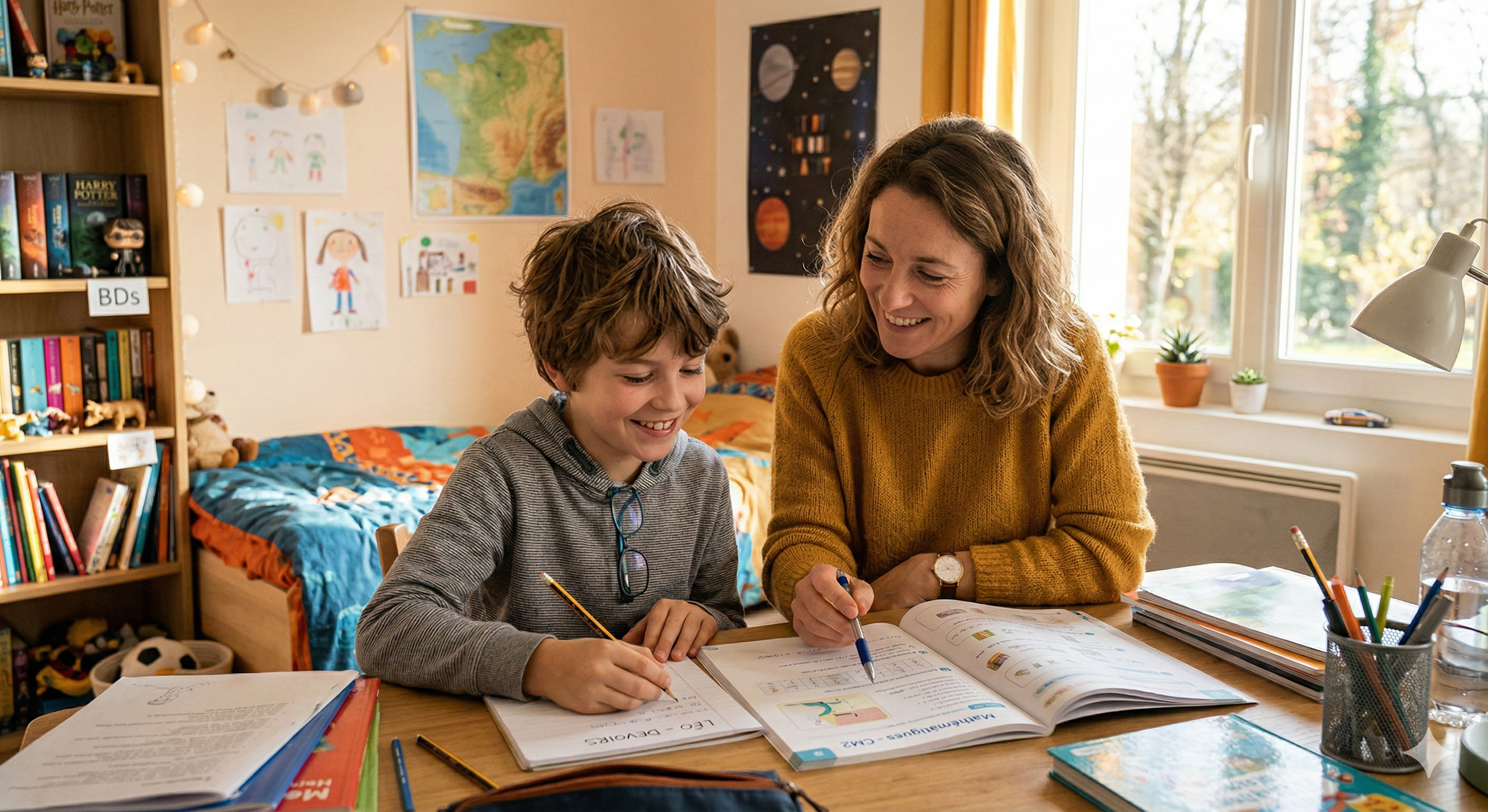 Une femme et un garçon étudient ensemble à un bureau dans une chambre ensoleillée avec des livres, des cahiers ouverts, des crayons et une grande fenêtre donnant sur des arbres.
Le Fil d’une Vie propose des services d’aide à domicile en Île-de-France