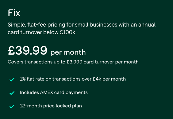 Pricing advertisement for a small business card machine plan, offering £39.99 per month with flat-rate transactions, including AMEX payments, and a 12-month fixed plan.
