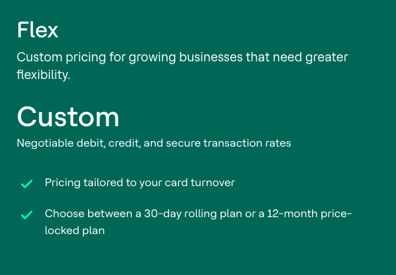 Text about Flex and Custom pricing options for growing businesses, including tailored card turnover and plan choices.