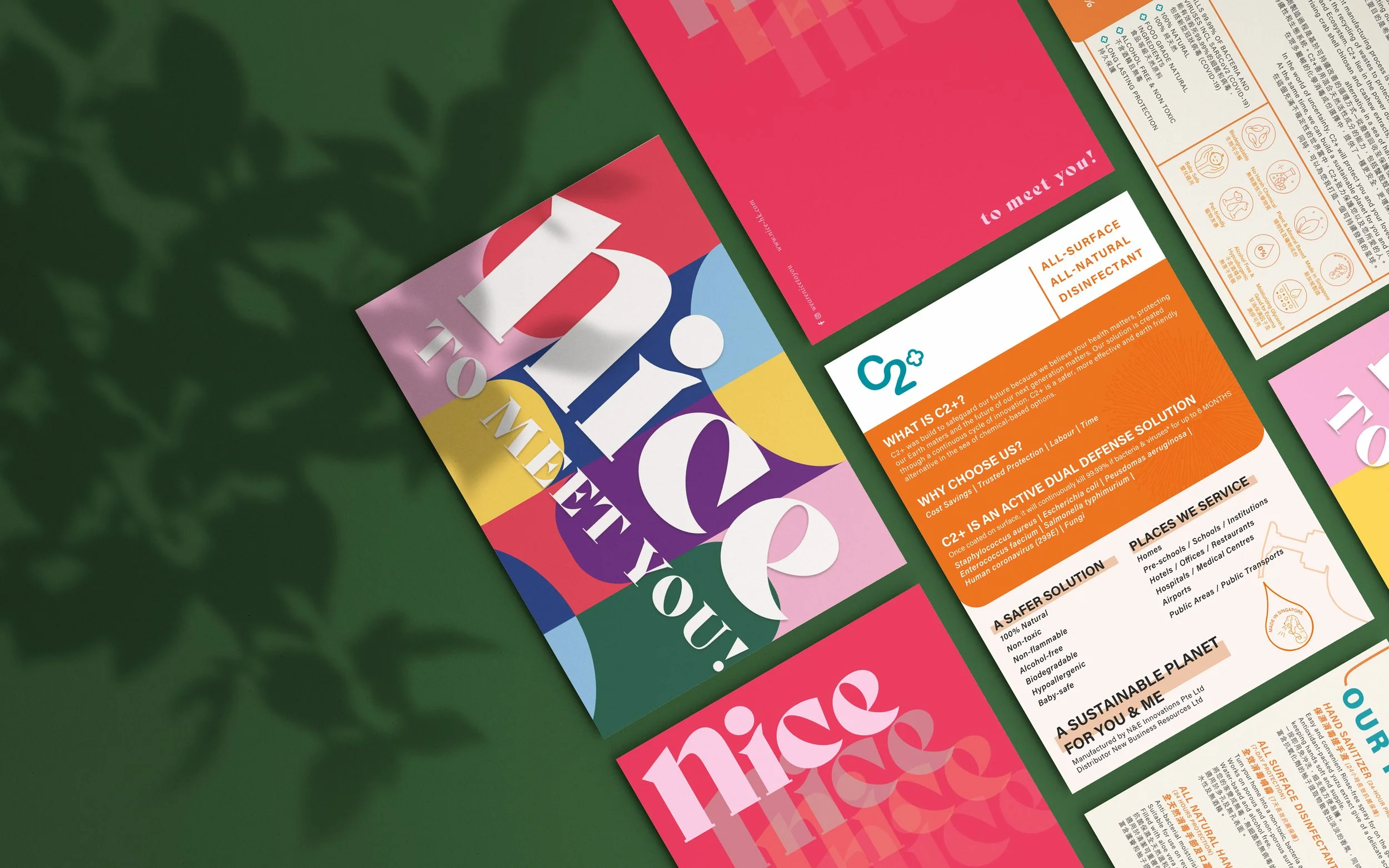Colorful promotional flyers and informational brochures laid out on a surface, some with text about health, sustainability, and disinfection solutions.