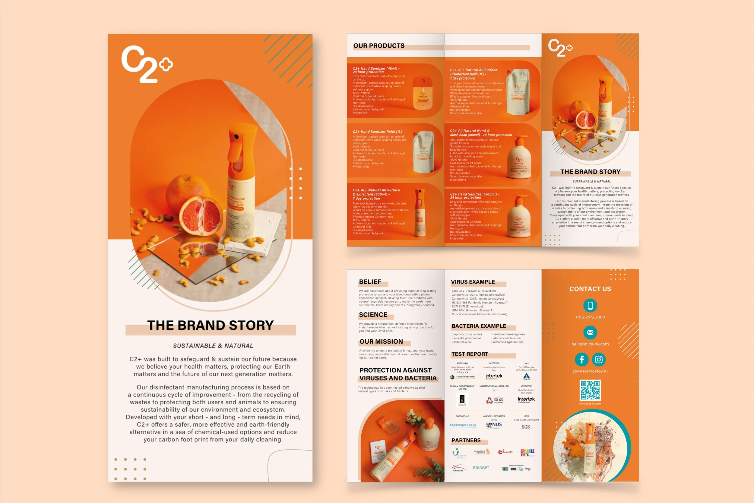 Brochure for C2+ brand of disinfectant products featuring orange and white color scheme, product images, and information about their features and mission.