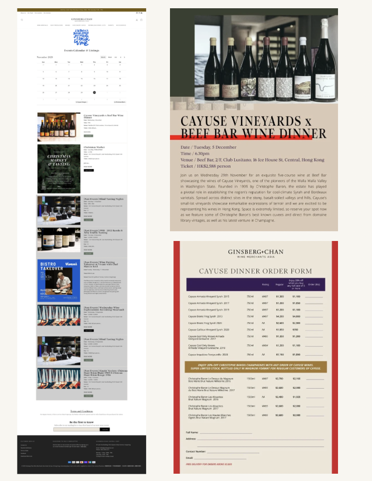 Image of a wine tasting event poster featuring Cayuse Vineyards and Beff Bar Wine Dinner, with details of the event, date, time, venue, and ticket price. The image also includes a wine order form listing various wines, their sizes, prices, and orderi