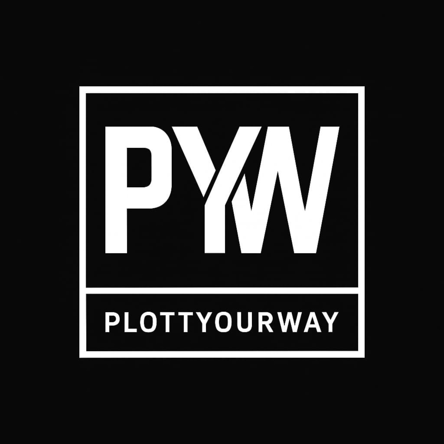 A black and white warning sign indicating a plot heavy machinery or vehicle area with the text "PXM" inside a square in the center and "PLOT YOUR WAY" below.