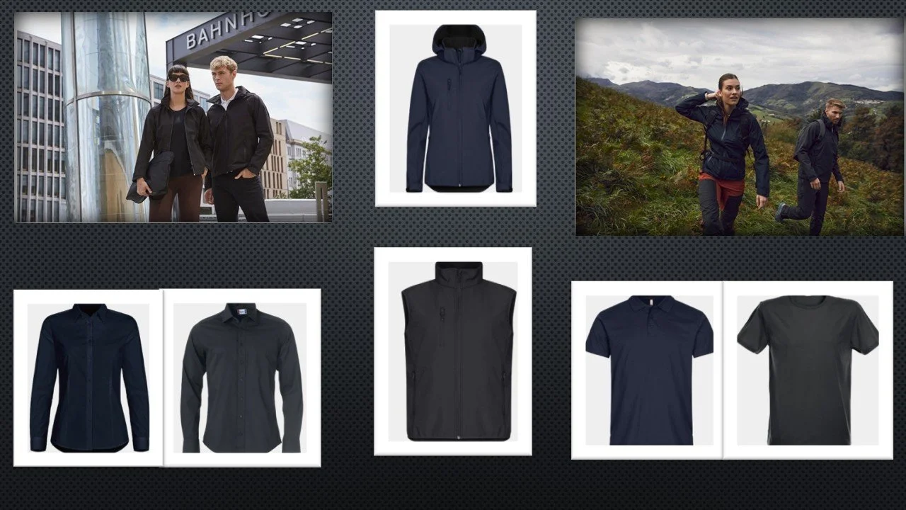 Collage of outdoor and urban attire, featuring jackets, vests, shirts, and t-shirts in dark colors, with people hiking and walking in city and mountain settings.